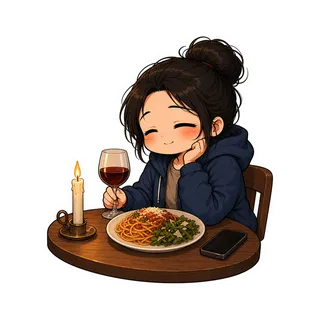 Wine. Candle. Real plate. I sat at the table.