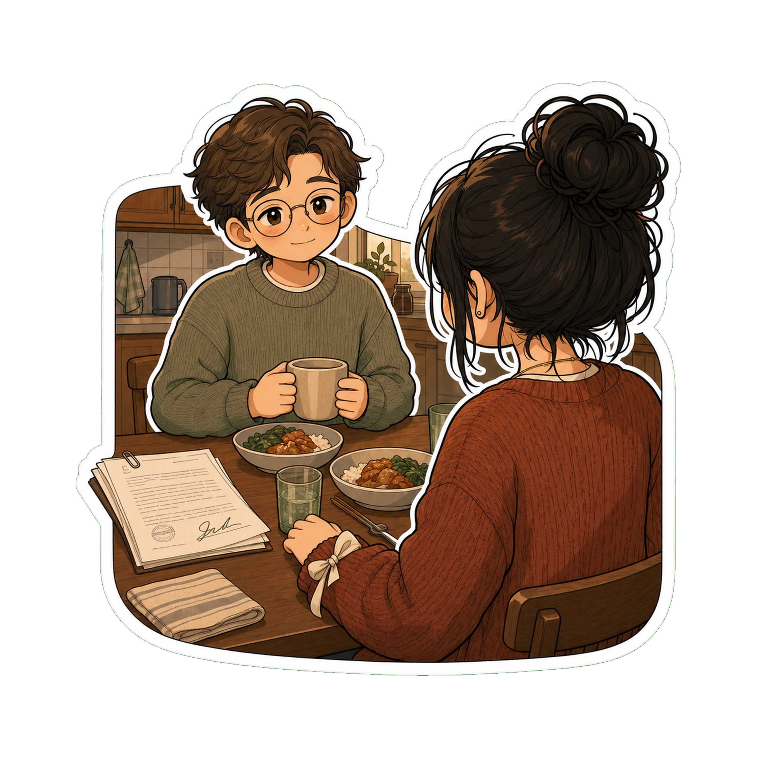The following Tuesday, the kitchen at dinner